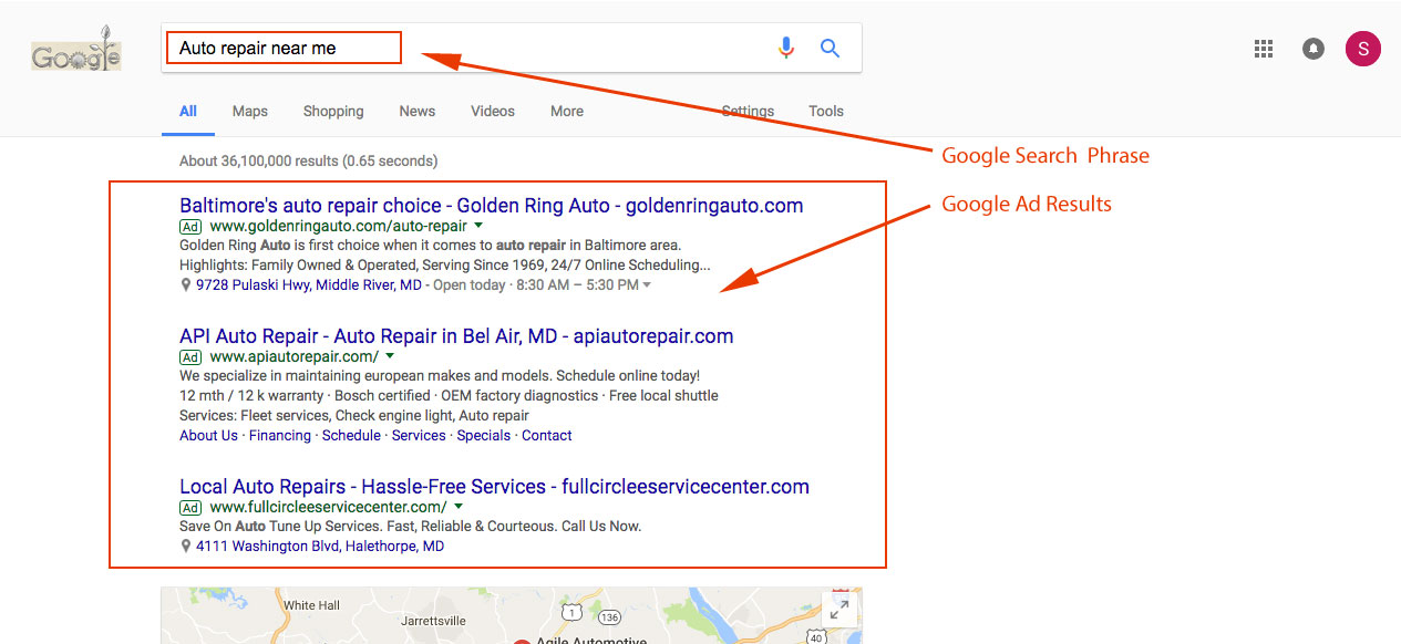 Google ads on search results page