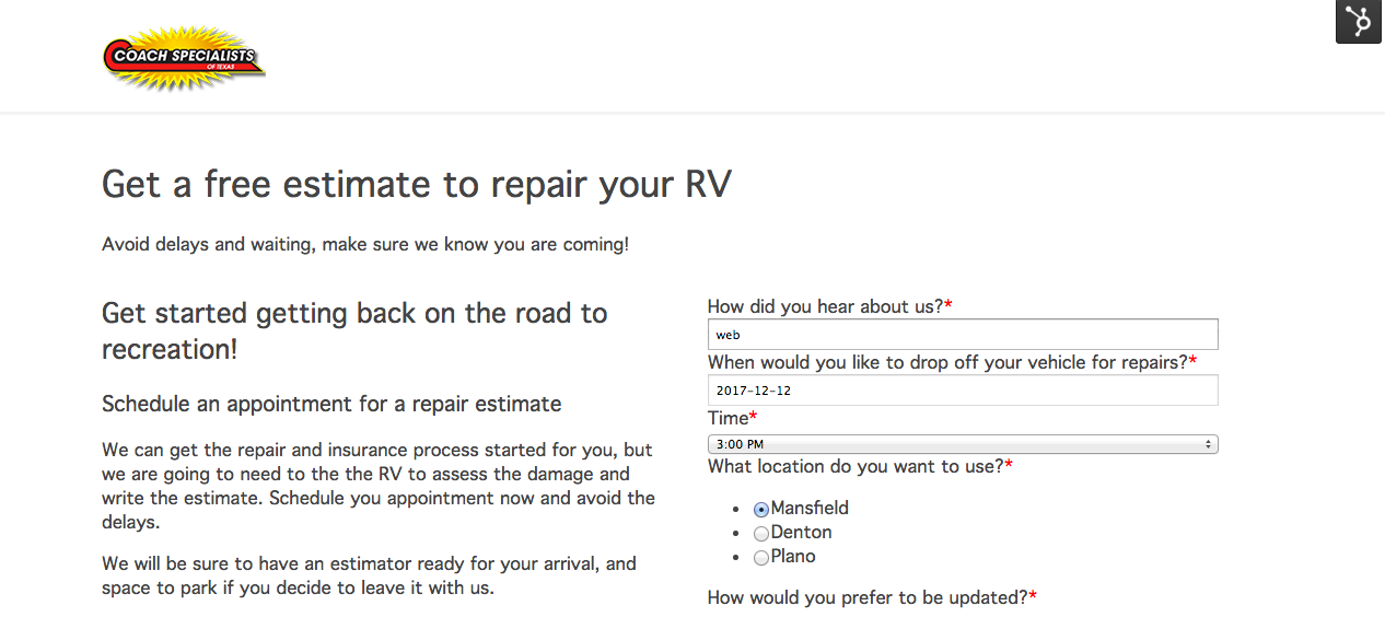 Example of a landing page with a form